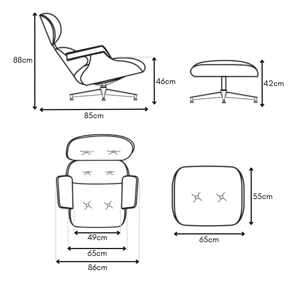 Poltrona Charles Eames Com Puff - Couro Legítimo Preto