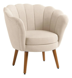 Poltrona Decorativa Pétala Flor Pés Palito Veludo Bege