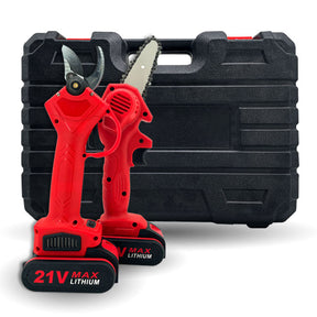 Kit Podas 21V Lithium: Tesoura de Poda Elétrica + Mini Motosserra Sem Fio (Bateria Recarregável)