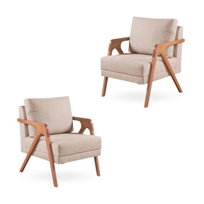 Poltrona Mona Luxo Madeira Maciça Tecido Linho Bege