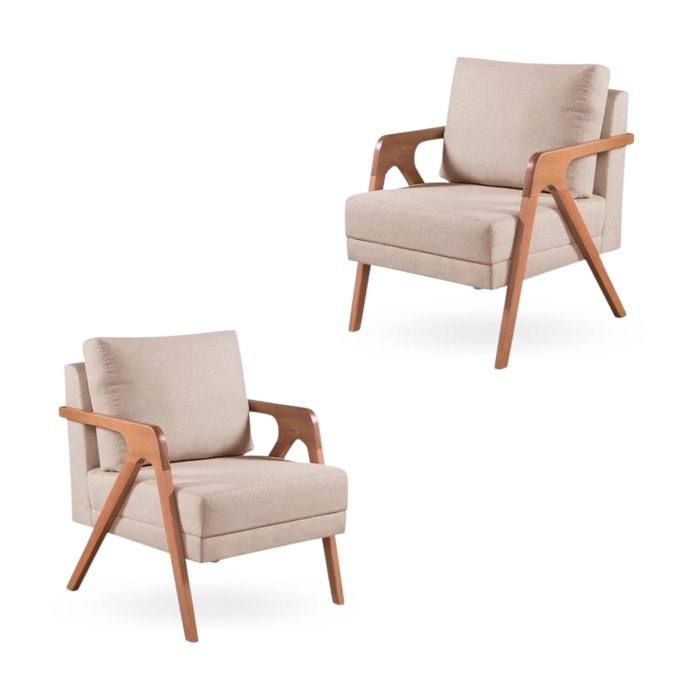 Poltrona Mona Luxo Madeira Maciça Tecido Linho Bege