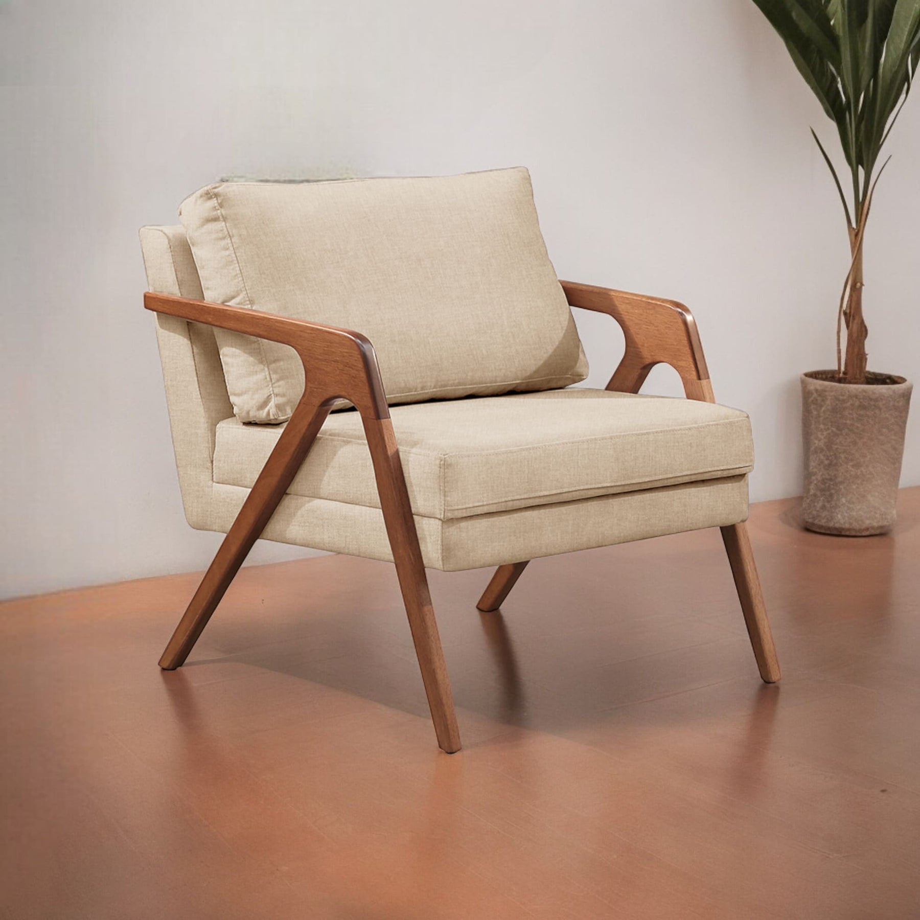 Poltrona Mona Luxo Madeira Maciça Tecido Linho Bege