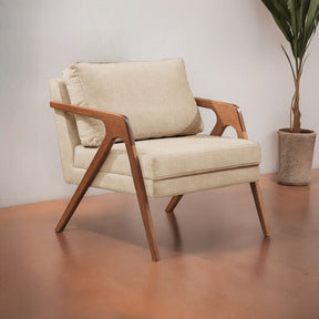 Poltrona Mona Luxo Madeira Maciça Tecido Linho Bege