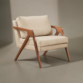 Poltrona Mona Luxo Madeira Maciça Tecido Linho Bege